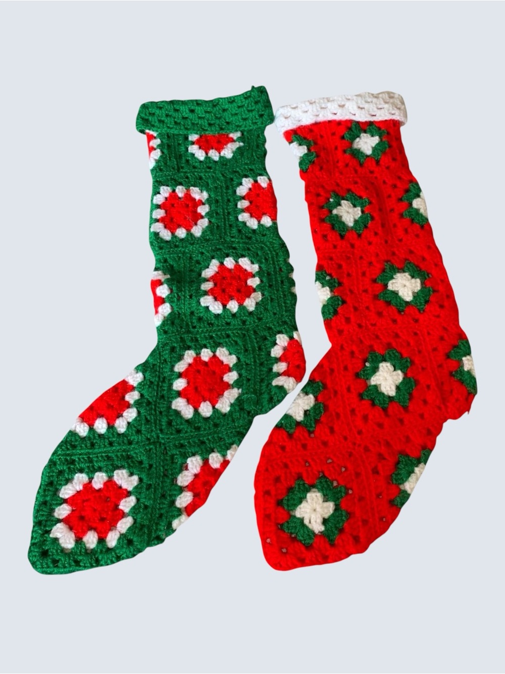Handcrafted Knitted Granny Square Red Green & White Christmas Stockings Large